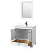 Wyndham WCS202036SWBC2UNSM24 Deborah 36 Inch Single Bathroom Vanity in White, Carrara Cultured Marble Countertop, Undermount Square Sink, Matte Black Trim, 24 Inch Mirror