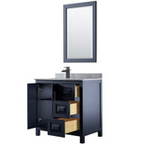 Wyndham WCV252536SBBCMUNSM24 Daria 36 Inch Single Bathroom Vanity in Dark Blue, White Carrara Marble Countertop, Undermount Square Sink, Matte Black Trim, 24 Inch Mirror