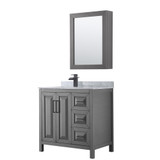 Wyndham WCV252536SGBCMUNSMED Daria 36 Inch Single Bathroom Vanity in Dark Gray, White Carrara Marble Countertop, Undermount Square Sink, Matte Black Trim, Medicine Cabinet