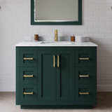Wyndham WCF292942SGDCMUNSM34 Miranda 42 Inch Single Bathroom Vanity in Green, White Carrara Marble Countertop, Undermount Square Sink, Brushed Gold Trim, 34 Inch Mirror