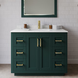 Wyndham WCF292942SGDC2UNSMXX Miranda 42 Inch Single Bathroom Vanity in Green, Carrara Cultured Marble Countertop, Undermount Square Sink, Brushed Gold Trim