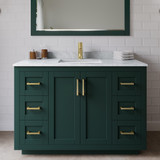 Wyndham WCF292948SGDCMUNSM46 Miranda 48 Inch Single Bathroom Vanity in Green, White Carrara Marble Countertop, Undermount Square Sink, Brushed Gold Trim, 46 Inch Mirror