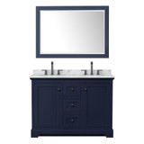 Wyndham WCV232348DBBCMUNOM46 Avery 48 Inch Double Bathroom Vanity in Dark Blue, White Carrara Marble Countertop, Undermount Oval Sinks, Matte Black Trim, 46 Inch Mirror