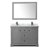 Wyndham WCV232348DGBCMUNSM46 Avery 48 Inch Double Bathroom Vanity in Dark Gray, White Carrara Marble Countertop, Undermount Square Sinks, Matte Black Trim, 46 Inch Mirror