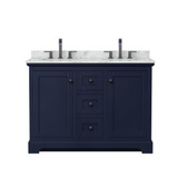 Wyndham WCV232348DBBCMUNOMXX Avery 48 Inch Double Bathroom Vanity in Dark Blue, White Carrara Marble Countertop, Undermount Oval Sinks, Matte Black Trim