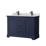 Wyndham WCV232348DBBCMUNSMXX Avery 48 Inch Double Bathroom Vanity in Dark Blue, White Carrara Marble Countertop, Undermount Square Sinks, Matte Black Trim