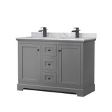 Wyndham WCV232348DGBCMUNSMXX Avery 48 Inch Double Bathroom Vanity in Dark Gray, White Carrara Marble Countertop, Undermount Square Sinks, Matte Black Trim