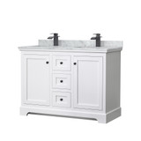 Wyndham WCV232348DWBCMUNSMXX Avery 48 Inch Double Bathroom Vanity in White, White Carrara Marble Countertop, Undermount Square Sinks, Matte Black Trim