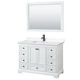 Wyndham WCS202048SWBC2UNSM46 Deborah 48 Inch Single Bathroom Vanity in White, Carrara Cultured Marble Countertop, Undermount Square Sink, Matte Black Trim, 46 Inch Mirror