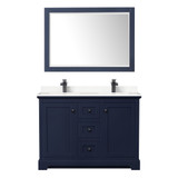 Wyndham WCV232348DBBC2UNSM46 Avery 48 Inch Double Bathroom Vanity in Dark Blue, Carrara Cultured Marble Countertop, Undermount Square Sinks, Matte Black Trim, 46 Inch Mirror