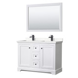 Wyndham WCV232348DWBC2UNSM46 Avery 48 Inch Double Bathroom Vanity in White, Carrara Cultured Marble Countertop, Undermount Square Sinks, Matte Black Trim, 46 Inch Mirror