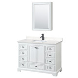 Wyndham WCS202048SWBC2UNSMED Deborah 48 Inch Single Bathroom Vanity in White, Carrara Cultured Marble Countertop, Undermount Square Sink, Matte Black Trim, Medicine Cabinet