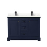 Wyndham WCV232348DBBC2UNSMXX Avery 48 Inch Double Bathroom Vanity in Dark Blue, Carrara Cultured Marble Countertop, Undermount Square Sinks, Matte Black Trim