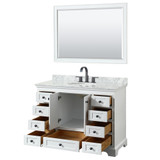 Wyndham WCS202048SWBCMUNOM46 Deborah 48 Inch Single Bathroom Vanity in White, White Carrara Marble Countertop, Undermount Oval Sink, Matte Black Trim, 46 Inch Mirror