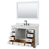 Wyndham WCS202048SWBCMUNSM46 Deborah 48 Inch Single Bathroom Vanity in White, White Carrara Marble Countertop, Undermount Square Sink, Matte Black Trim, 46 Inch Mirror