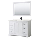 Wyndham WCV232348SWBC2UNSM46 Avery 48 Inch Single Bathroom Vanity in White, Carrara Cultured Marble Countertop, Undermount Square Sink, Matte Black Trim, 46 Inch Mirror