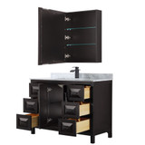Wyndham WCV252548SEBCMUNSMED Daria 48 Inch Single Bathroom Vanity in Dark Espresso, White Carrara Marble Countertop, Undermount Square Sink, Matte Black Trim, Medicine Cabinet