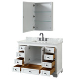 Wyndham WCS202048SWBCMUNSMED Deborah 48 Inch Single Bathroom Vanity in White, White Carrara Marble Countertop, Undermount Square Sink, Matte Black Trim, Medicine Cabinet