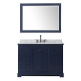 Wyndham WCV232348SBBCMUNOM46 Avery 48 Inch Single Bathroom Vanity in Dark Blue, White Carrara Marble Countertop, Undermount Oval Sink, Matte Black Trim, 46 Inch Mirror