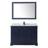 Wyndham WCV232348SBBCMUNSM46 Avery 48 Inch Single Bathroom Vanity in Dark Blue, White Carrara Marble Countertop, Undermount Square Sink, Matte Black Trim, 46 Inch Mirror