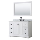 Wyndham WCV232348SWBCMUNOM46 Avery 48 Inch Single Bathroom Vanity in White, White Carrara Marble Countertop, Undermount Oval Sink, Matte Black Trim, 46 Inch Mirror