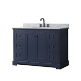 Wyndham WCV232348SBBCMUNOMXX Avery 48 Inch Single Bathroom Vanity in Dark Blue, White Carrara Marble Countertop, Undermount Oval Sink, Matte Black Trim