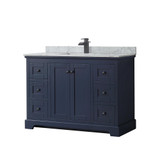 Wyndham WCV232348SBBCMUNSMXX Avery 48 Inch Single Bathroom Vanity in Dark Blue, White Carrara Marble Countertop, Undermount Square Sink, Matte Black Trim