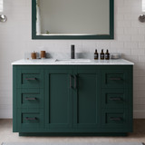 Wyndham WCF292954SGKCMUNSM46 Miranda 54 Inch Single Bathroom Vanity in Green, White Carrara Marble Countertop, Undermount Square Sink, Matte Black Trim, 46 Inch Mirror