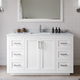 Wyndham WCF292954SWHCMUNSM46 Miranda 54 Inch Single Bathroom Vanity in White, White Carrara Marble Countertop, Undermount Square Sink, Brushed Nickel Trim, 46 Inch Mirror