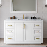 Wyndham WCF292954SWGCMUNSMXX Miranda 54 Inch Single Bathroom Vanity in White, White Carrara Marble Countertop, Undermount Square Sink, Brushed Gold Trim