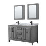 Wyndham WCV252560DGBCMUNSMED Daria 60 Inch Double Bathroom Vanity in Dark Gray, White Carrara Marble Countertop, Undermount Square Sinks, Matte Black Trim, Medicine Cabinets