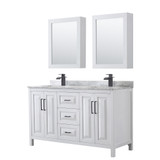 Wyndham WCV252560DWBCMUNSMED Daria 60 Inch Double Bathroom Vanity in White, White Carrara Marble Countertop, Undermount Square Sinks, Matte Black Trim, Medicine Cabinets