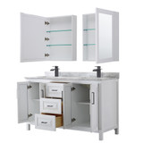Wyndham WCV252560DWBCMUNSMED Daria 60 Inch Double Bathroom Vanity in White, White Carrara Marble Countertop, Undermount Square Sinks, Matte Black Trim, Medicine Cabinets