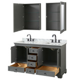 Wyndham WCS202060DGBCMUNSMED Deborah 60 Inch Double Bathroom Vanity in Dark Gray, White Carrara Marble Countertop, Undermount Square Sinks, Matte Black Trim, Medicine Cabinets