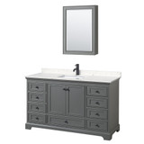 Wyndham WCS202060SGBC2UNSMED Deborah 60 Inch Single Bathroom Vanity in Dark Gray, Carrara Cultured Marble Countertop, Undermount Square Sink, Matte Black Trim, Medicine Cabinet