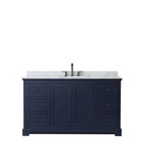 Wyndham WCV232360SBBCMUNOMXX Avery 60 Inch Single Bathroom Vanity in Dark Blue, White Carrara Marble Countertop, Undermount Oval Sink, Matte Black Trim