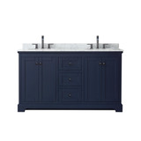 Wyndham WCV232360DBBCMUNOMXX Avery 60 Inch Double Bathroom Vanity in Dark Blue, White Carrara Marble Countertop, Undermount Oval Sinks, Matte Black Trim