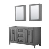 Wyndham WCV252560DGBCXSXXMED Daria 60 Inch Double Bathroom Vanity in Dark Gray, No Countertop, No Sink, Matte Black Trim, Medicine Cabinets