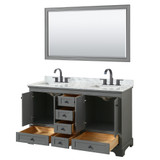 Wyndham WCS202060DGBCMUNSM58 Deborah 60 Inch Double Bathroom Vanity in Dark Gray, White Carrara Marble Countertop, Undermount Square Sinks, Matte Black Trim, 58 Inch Mirror