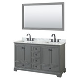 Wyndham WCS202060DGBCMUNSM58 Deborah 60 Inch Double Bathroom Vanity in Dark Gray, White Carrara Marble Countertop, Undermount Square Sinks, Matte Black Trim, 58 Inch Mirror