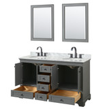 Wyndham WCS202060DGBCMUNOM24 Deborah 60 Inch Double Bathroom Vanity in Dark Gray, White Carrara Marble Countertop, Undermount Oval Sinks, Matte Black Trim, 24 Inch Mirrors