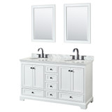 Wyndham WCS202060DWBCMUNOM24 Deborah 60 Inch Double Bathroom Vanity in White, White Carrara Marble Countertop, Undermount Oval Sinks, Matte Black Trim, 24 Inch Mirrors