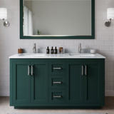 Wyndham WCF292960DGECMUNSM58 Miranda 60 Inch Double Bathroom Vanity in Green, White Carrara Marble Countertop, Undermount Square Sinks, Brushed Nickel Trim, 58 Inch Mirror