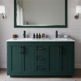 Wyndham WCF292960DGKCMUNSM58 Miranda 60 Inch Double Bathroom Vanity in Green, White Carrara Marble Countertop, Undermount Square Sinks, Matte Black Trim, 58 Inch Mirror