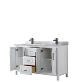 Wyndham WCV252560DWBCMUNSMXX Daria 60 Inch Double Bathroom Vanity in White, White Carrara Marble Countertop, Undermount Square Sinks, Matte Black Trim