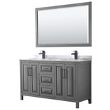 Wyndham WCV252560DGBCMUNSM58 Daria 60 Inch Double Bathroom Vanity in Dark Gray, White Carrara Marble Countertop, Undermount Square Sinks, Matte Black Trim, 58 Inch Mirror
