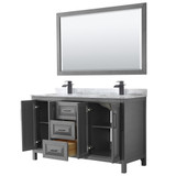 Wyndham WCV252560DGBCMUNSM58 Daria 60 Inch Double Bathroom Vanity in Dark Gray, White Carrara Marble Countertop, Undermount Square Sinks, Matte Black Trim, 58 Inch Mirror