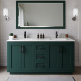 Wyndham WCF292966DGKC2UNSM58 Miranda 66 Inch Double Bathroom Vanity in Green, Carrara Cultured Marble Countertop, Undermount Square Sinks, Matte Black Trim, 58 Inch Mirror