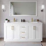 Wyndham WCF292966DWGC2UNSM58 Miranda 66 Inch Double Bathroom Vanity in White, Carrara Cultured Marble Countertop, Undermount Square Sinks, Brushed Gold Trim, 58 Inch Mirror