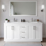 Wyndham WCF292966DWHC2UNSM58 Miranda 66 Inch Double Bathroom Vanity in White, Carrara Cultured Marble Countertop, Undermount Square Sinks, Brushed Nickel Trim, 58 Inch Mirror